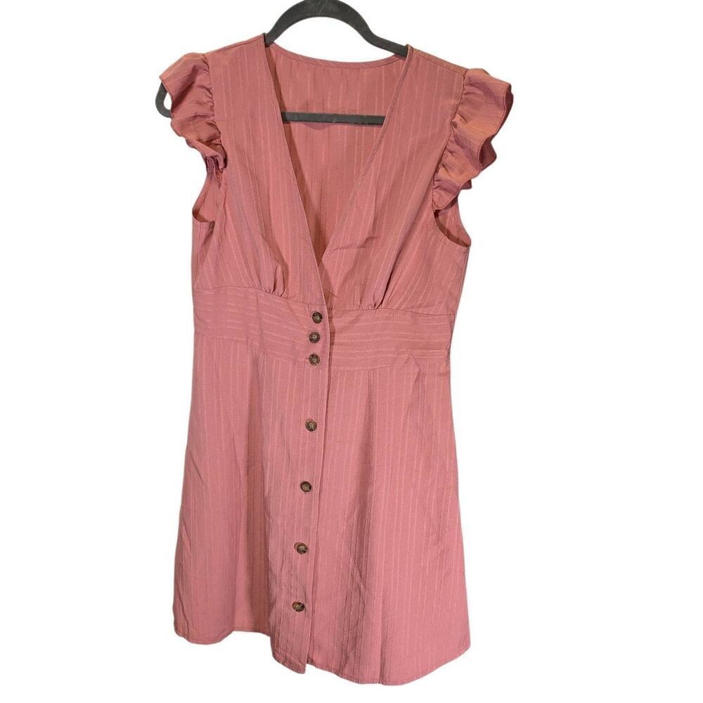 SHEIN Frenchy pink striped mini dress with ruffle sleeves and a button-front des